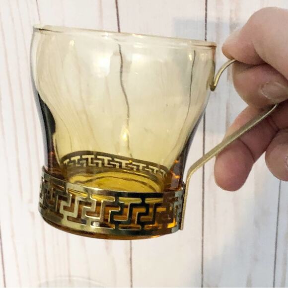 Vintage MCM Set of 5 Libbey Amber Grecian Key Continental Cups Mugs Glass - Picture 5 of 7